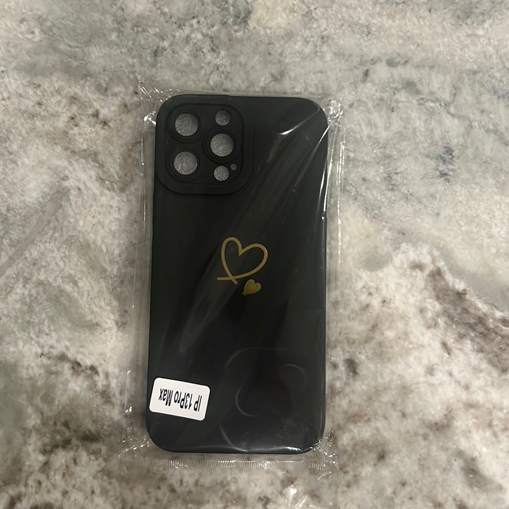 NEVER USED - Apple iPhone 13 Max Pro Black Silicone Phone Case with Gold Hearts